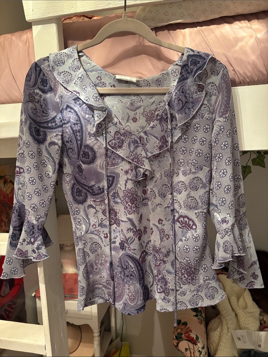 A. Byer Tops - A. Byer Indigo Paisley Ruffle Tie-Front Blouse
